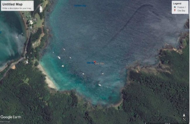 This aerial shot of Okey Bay in the North-East of New Zealand sparked a conversation about sea monsters when that snakelike mark was revealed, but a boat is visible upon further zoom, which makes it much more likely that this strip is just the path the boat had taken.