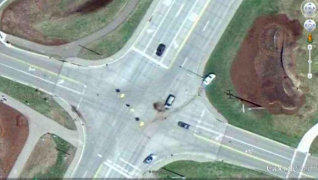 The Google Earth came flew over Michigan just in time to capture the scene of a horrific car accident.