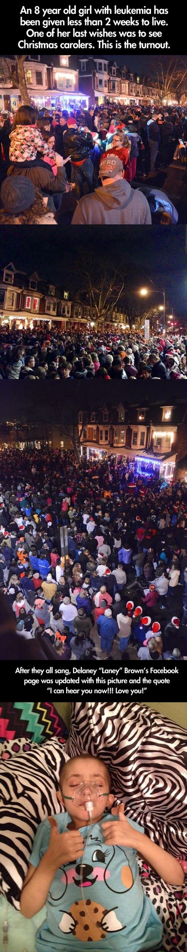 Thousands of people come together to sing Christmas carols to a dying girl.