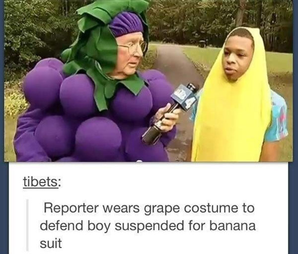 This reporter wore a grape costume to defend an autistic boy suspended for wearing a banana suit during a high school football game.