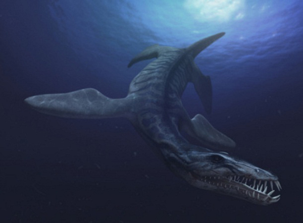 23.) Liopleurodon: This marine predator lived on a diet of fish, squid, and other sea reptiles. It was bigger than a sperm whale and its skull was nearly 1/4 of its body, filled with many smooth teeth.