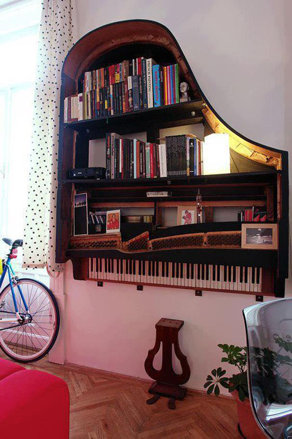 10.) Convert a discarded piano into a very cool shelf.
