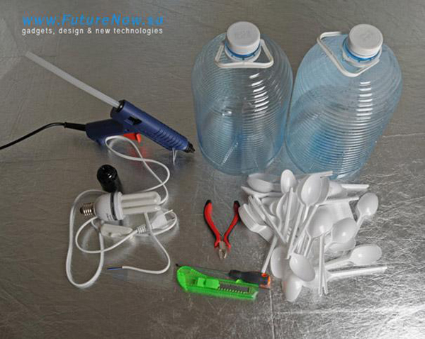 5.) Make a lamp with hot glue and disposable spoons.